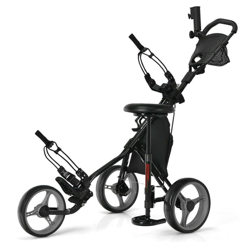 Image of Costway Golf Push Cart Black Costway 3 Wheels Folding Golf Push Cart with Seat Scoreboard and Adjustable Handle 41875930