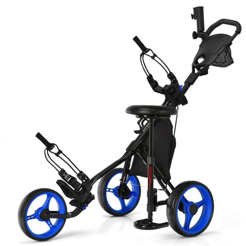 Image of Costway Golf Push Cart Blue Costway 3 Wheels Folding Golf Push Cart with Seat Scoreboard and Adjustable Handle 41875930