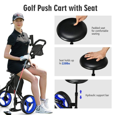 Image of Costway Golf Push Cart Costway 3 Wheels Folding Golf Push Cart with Seat Scoreboard and Adjustable Handle 41875930