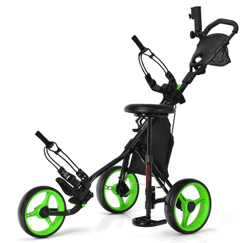 Image of Costway Golf Push Cart Green Costway 3 Wheels Folding Golf Push Cart with Seat Scoreboard and Adjustable Handle 41875930