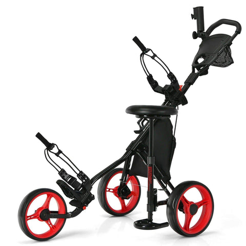 Image of Costway Golf Push Cart Red Costway 3 Wheels Folding Golf Push Cart with Seat Scoreboard and Adjustable Handle 41875930