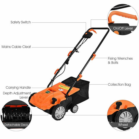 Image of Costway Lawn Mower Costway 12Amp Corded Scarifier 13” Electric Lawn Dethatcher with 40L Collection Bag 27416389