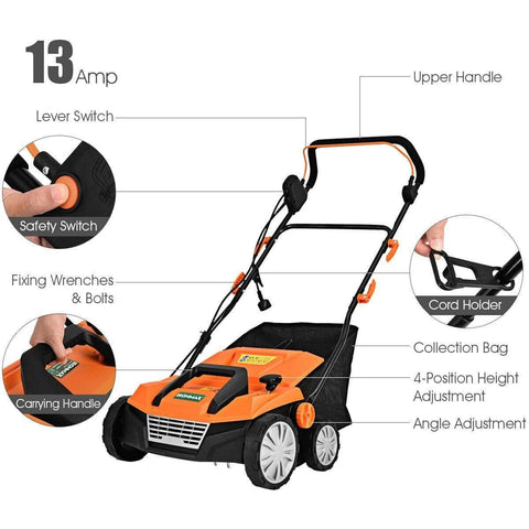 Image of Costway Lawn Mower Costway 13 Amp Corded Scarifier 15'' Electric Lawn Dethatcher with Dual Safety Switch 13086527