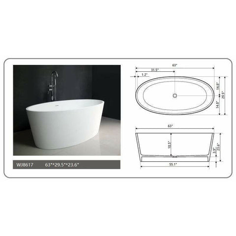 Image of Legion Furniture Bathtubs Legion Furniture 62.2" / 63" White Matt Solid Surface Tub - No Faucet WJ8602-W / WJ8617-W