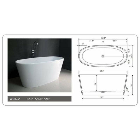 Image of Legion Furniture Bathtubs Legion Furniture 62.2" White Matt Solid Surface Tub - No Faucet WJ8602-W