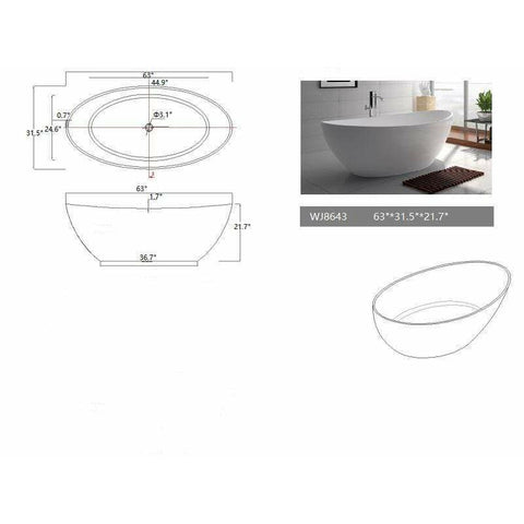 Image of Legion Furniture Bathtubs Legion Furniture 63" / 71" White Matt Solid Surface Tub / Bathtub - No Faucet WJ8643-W / WJ8643-W-L