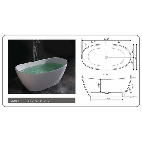 Image of Legion Furniture Bathtubs Legion Furniture 64.2" White Matt Solid Surface Tub / Bathtub - No Faucet WJ8611-W
