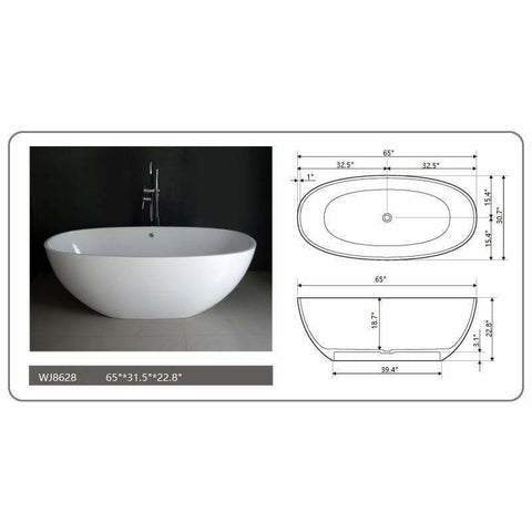 Image of Legion Furniture Bathtubs Legion Furniture 65" White Matt Solid Surface Tub / Bathtub - No Faucet WJ8628-W