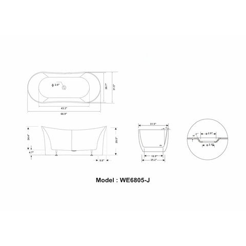 Image of Legion Furniture Bathtubs Legion Furniture 67" White Acrylic Tub - No Faucet WE6805-J