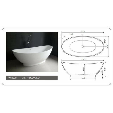 Image of Legion Furniture Bathtubs Legion Furniture 70.7" White Matt Solid Surface Tub / Bathtub - No Faucet WJ8620-W