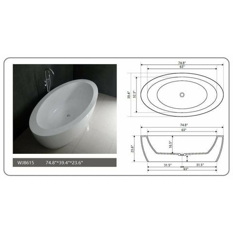 Image of Legion Furniture Bathtubs Legion Furniture 74.8" White Matt Solid Surface Tub - No Faucet WJ8615-W