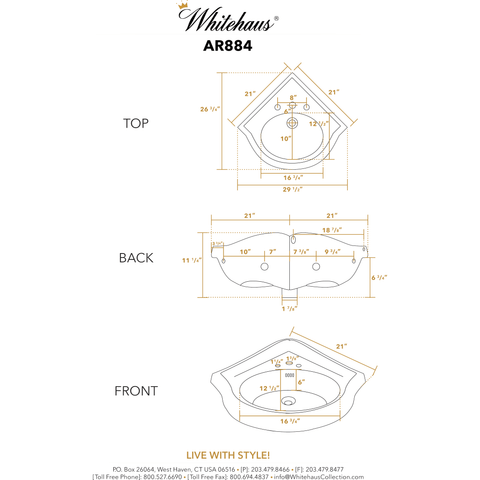 Image of Whitehaus Basin Whitehaus Corner China Wall Mount Basin with an Oval Bowl AR884