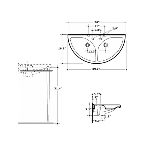 Image of Whitehaus Sink Whitehaus Semi-Circular Double Bowl Console with Leg Support ECO64-ESU04-WH